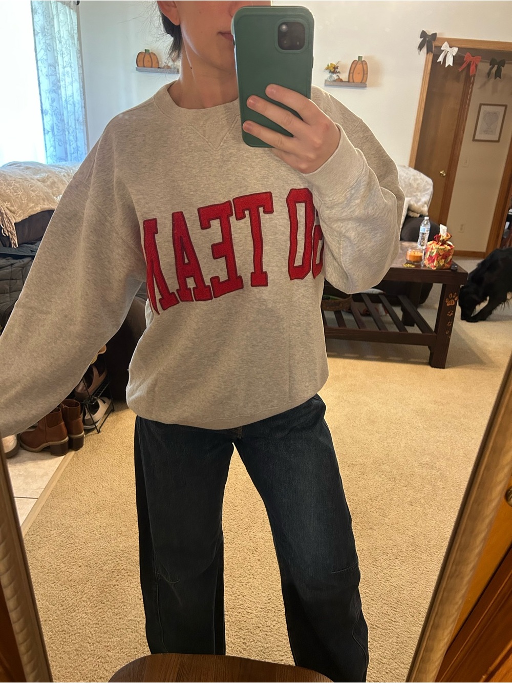 Abercrombie & Fitch Light Gray “Go Team” Crewneck Sweatshirt with Red Lettering